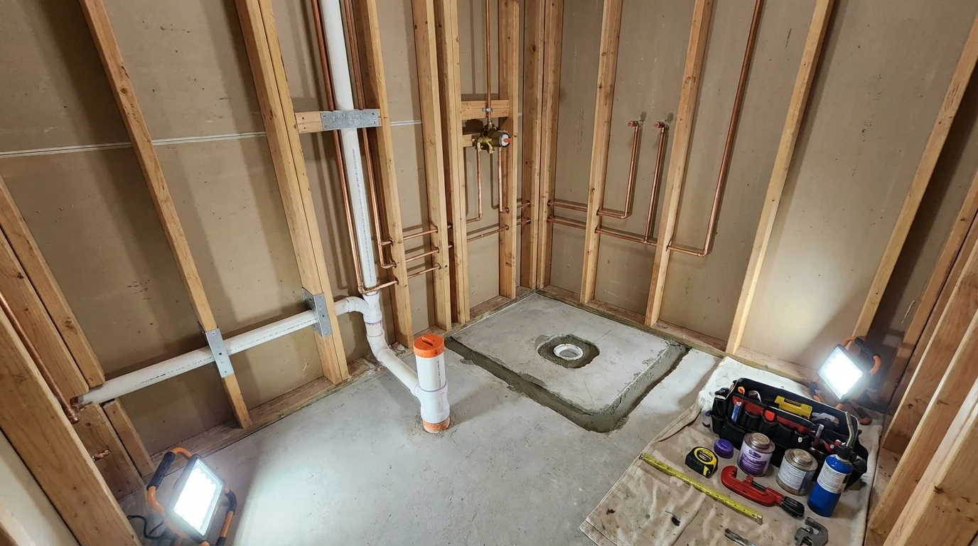 Bathroom rough-in plumbing during remodel by Johns Plumbing LLC in Alma