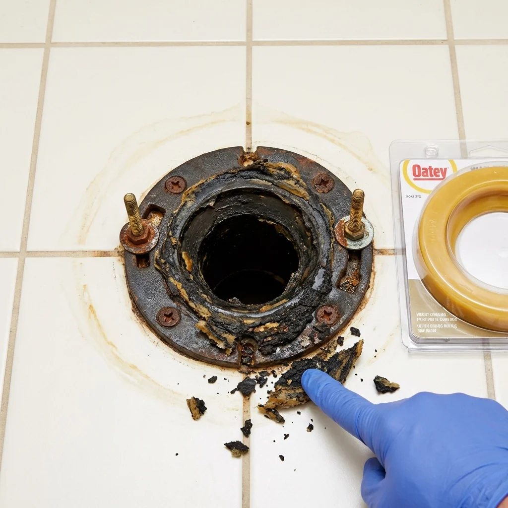 Failed wax ring showing water seepage at the base of a toilet in a Alma, MI home